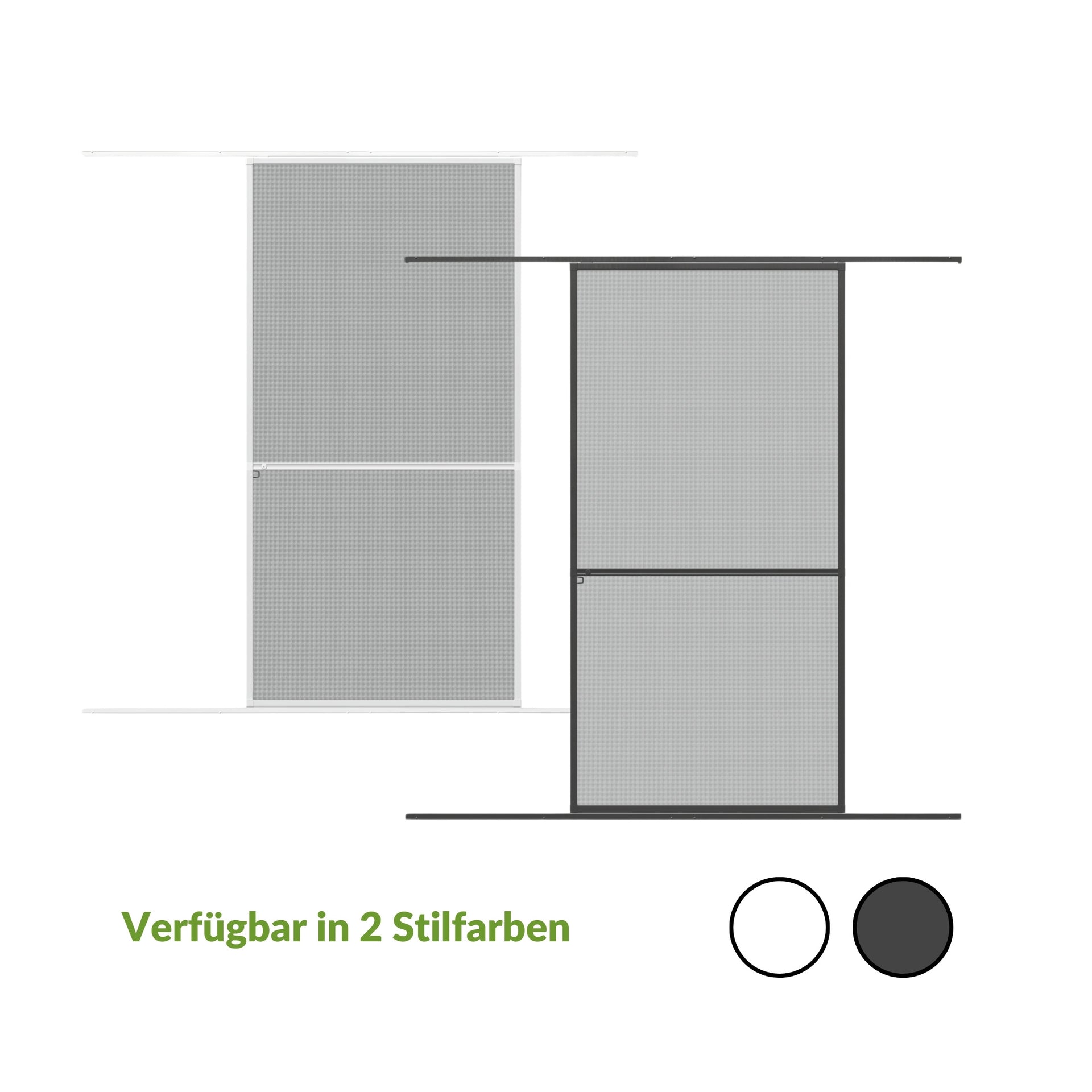 Schiebbare Insektenschutztuer in zwei Stilfarben, praktische und platzsparende Loesung.