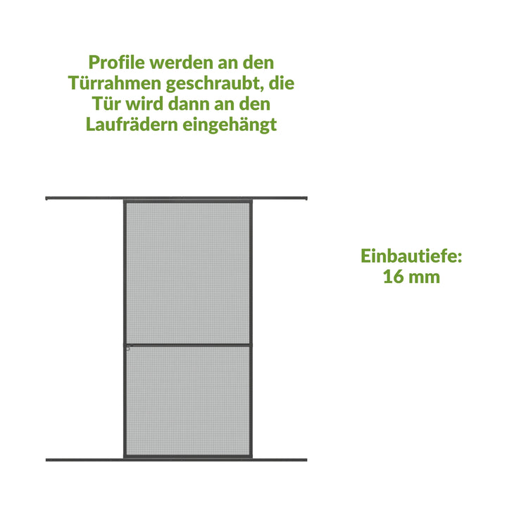 Profile verschraubt, Tuer an Laufrädern eingehängt, Einbautiefe: 16 mm.