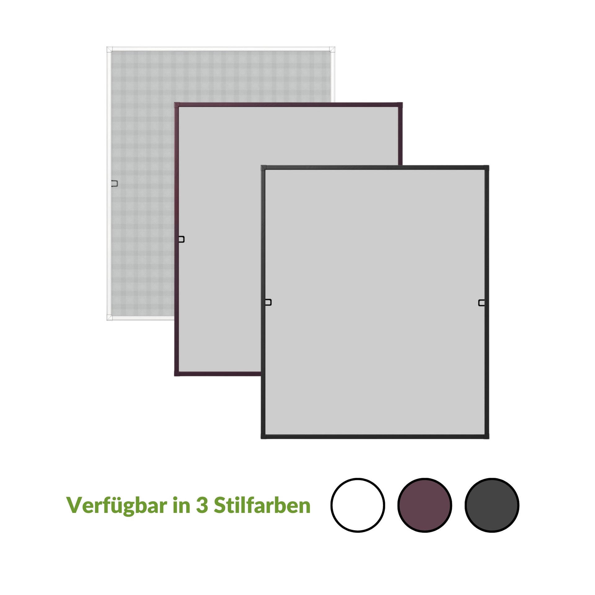 Insektenschutzrahmen in drei Farben, leicht einhaengbar.