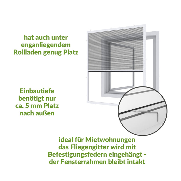 Fliegengitterplissee für Fenster, platzsparend unter Rolladen montierbar, ideal für Mietwohnungen.