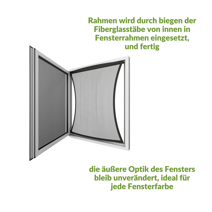 Einfache Insektenschutzrahmenmontage durch Fiberglasstaebe, passend fuer alle Fensterfarben.