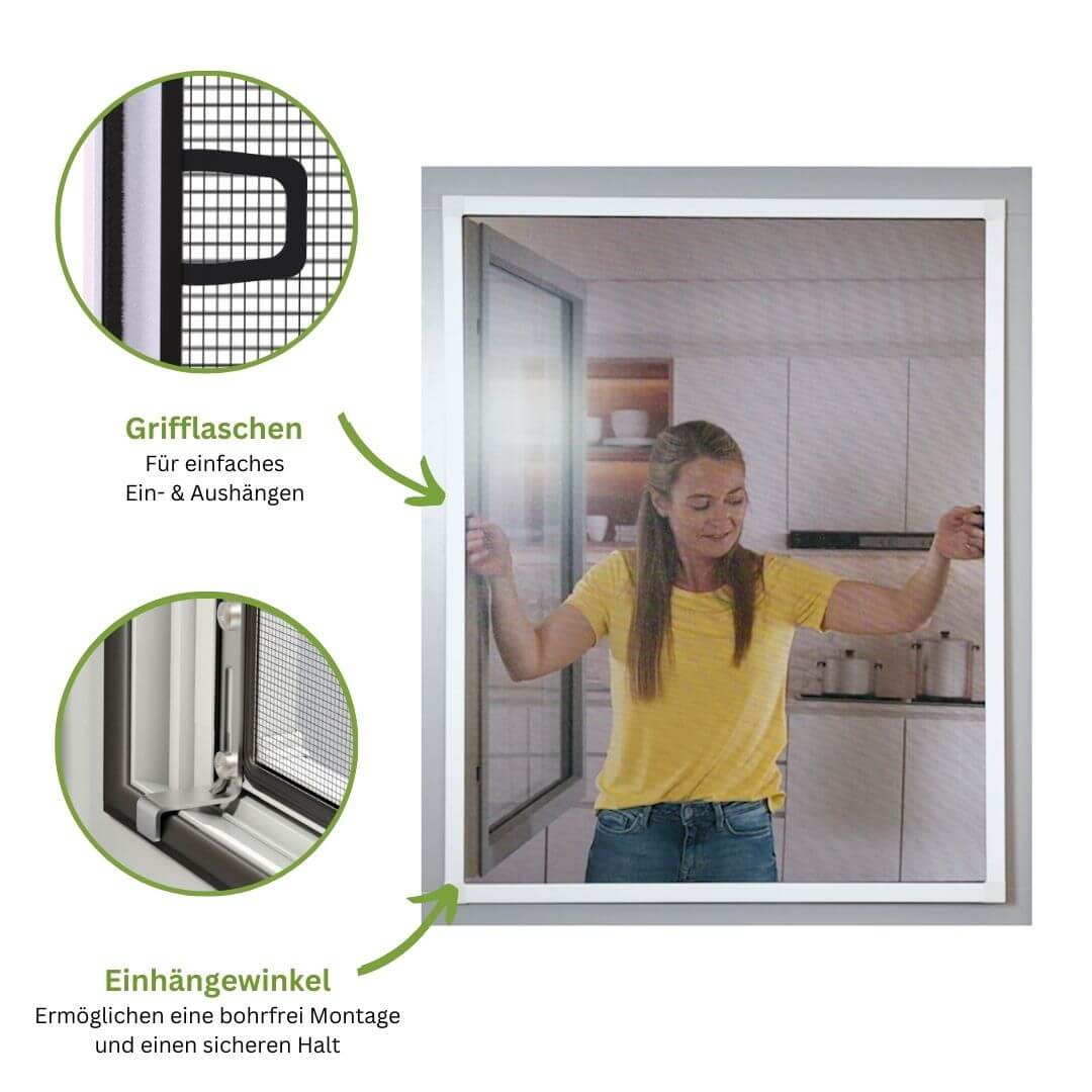  Insektenschutzgitter / Fliegengitter für Fenster  Elegant bis 100 x 120 cm - Rahmen: weiß